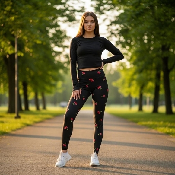 PINK Victoria's Secret Pants - PINK Victoria's Secret Black Leggings with Cherry Design